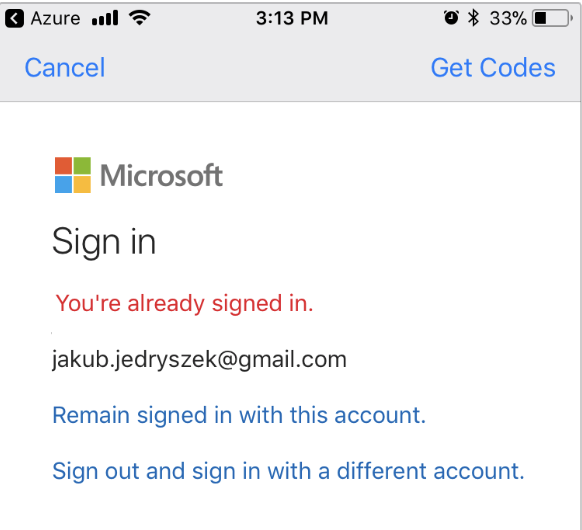 Azure App - already signed in