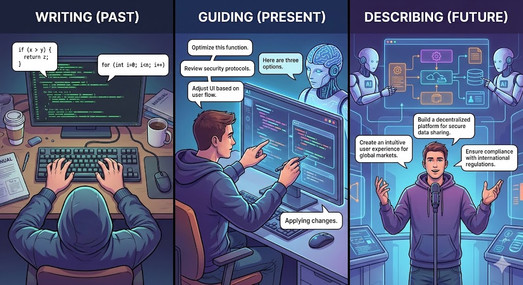 Writing code to guiding AI to write code to describing what you want and let AI figure it out